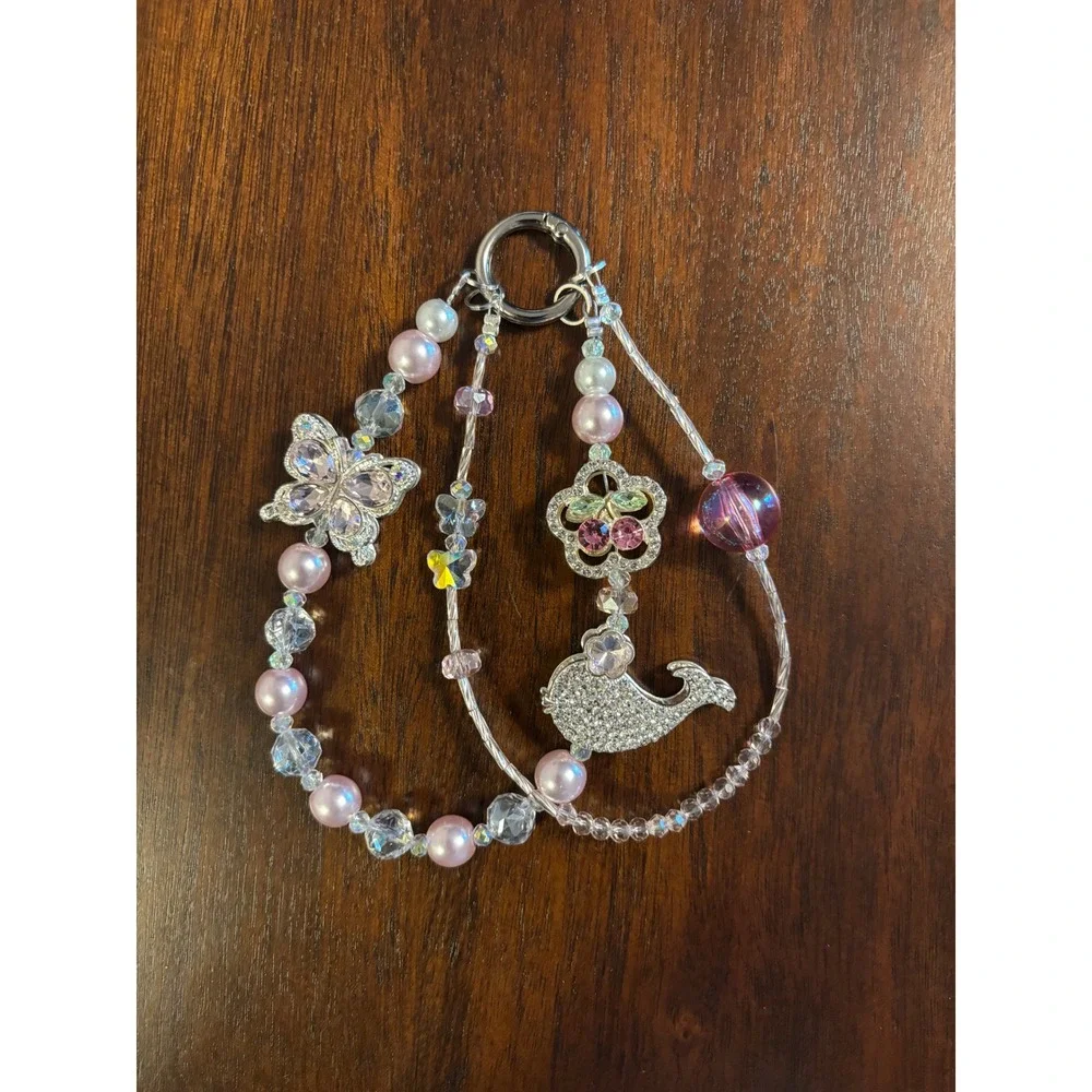 Pink Beaded Bag Charm Keychain Butterfly Whale Rhinestone Coquette Y2K Accessory